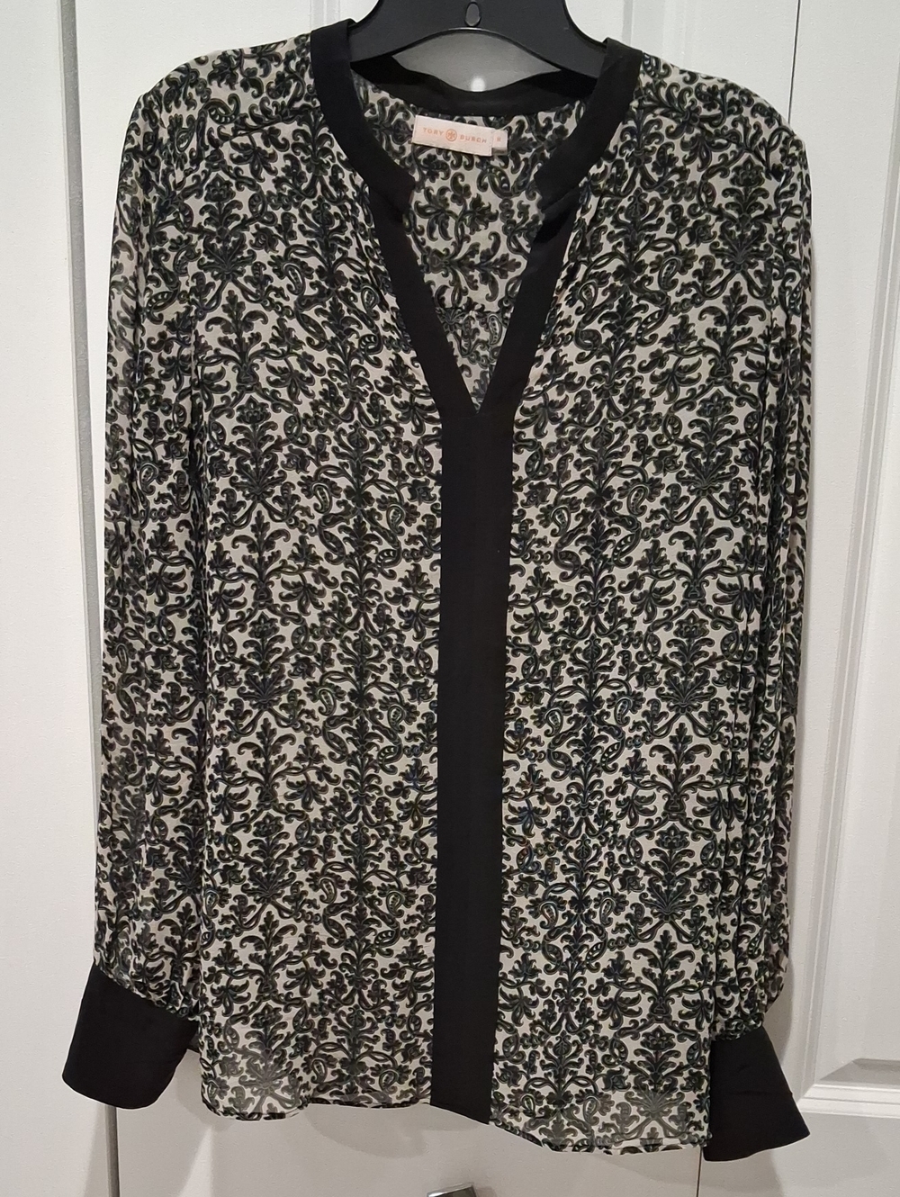 Tory Burch Black and Cream Damask V-Neck Blouse
